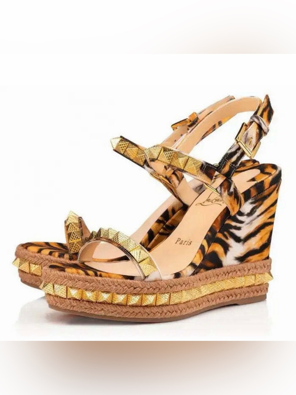 Christian Louboutin Pyraclou Gold Studded Bengal Tiger Print Wedge Sandals